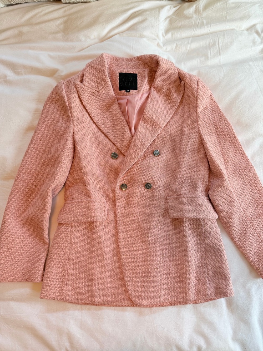 Mina Self Pink Double-Breasted Tweed Blazer